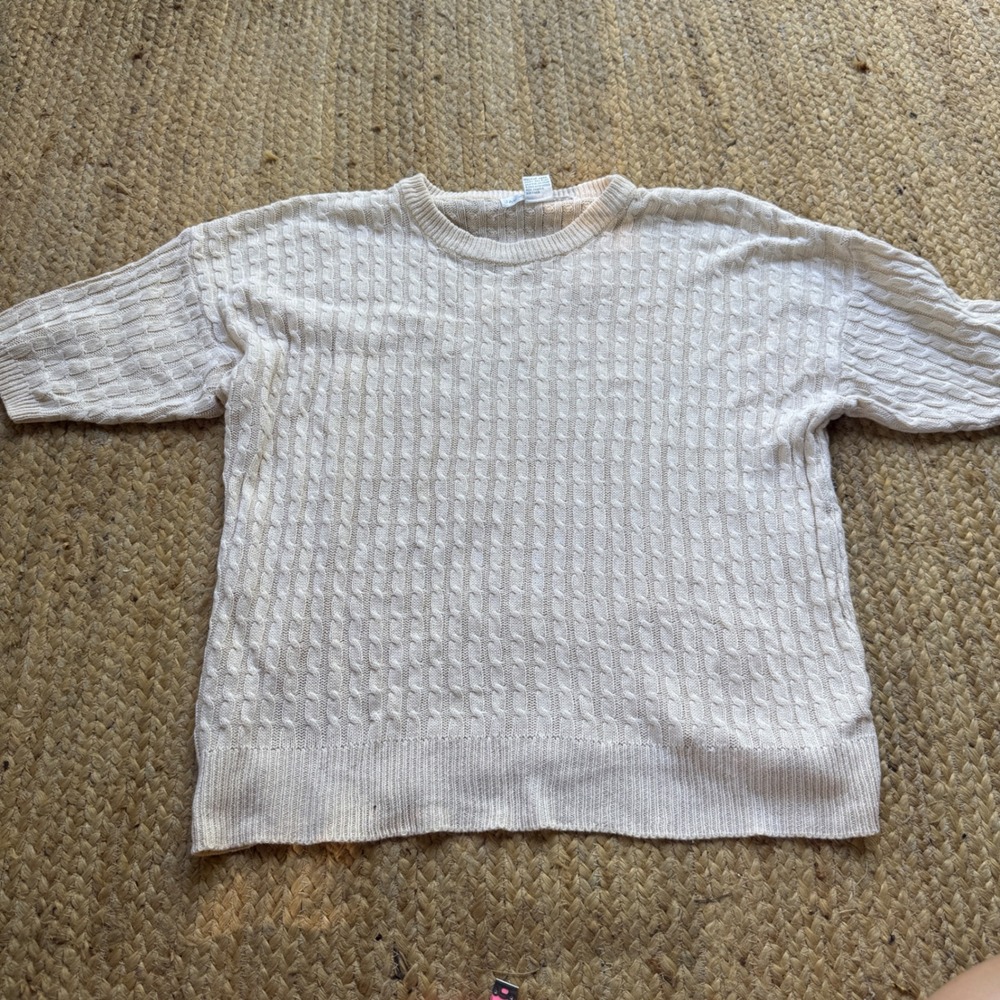 Vintage Jack Mulqueen Cream Cable Knit Short Sleeve Sweater Ramie Cotton Large